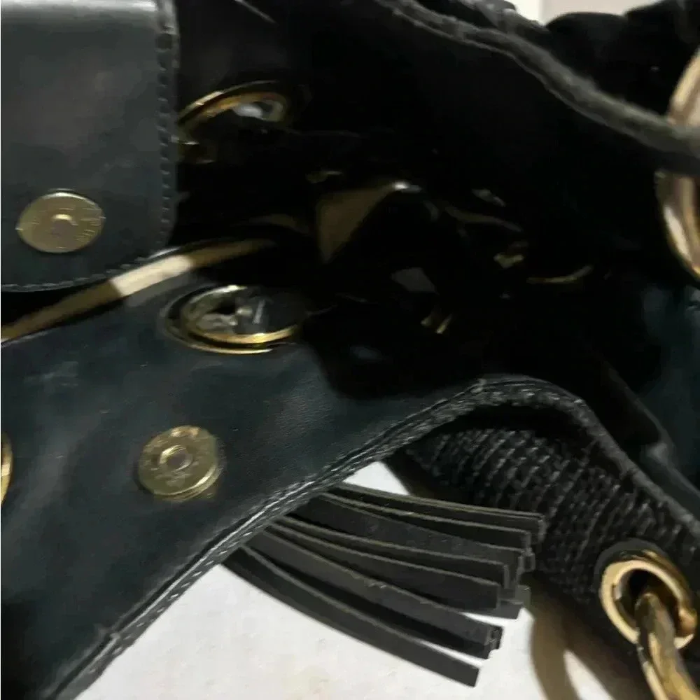 Michael kors black straw shoulder handbag with leather strap & trim